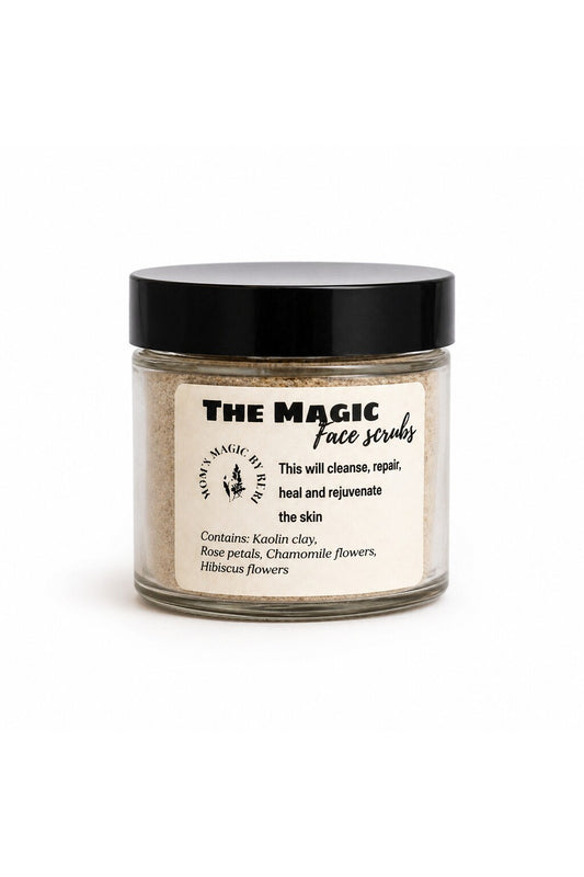 Herbal face scrub in glass jar, plant-based exfoliant by Mom's Magic by Rubi