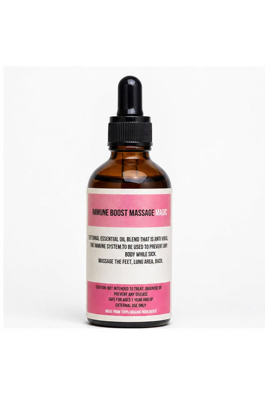 Immune boost herbal massage oil in amber bottle by Mom's Magic by Rubi