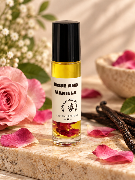 Mom's Magic by Rubi — Rose and Vanilla Natural Perfume Roll-On (10 ml, alcohol-free) with pink rose petals and vanilla bean pods